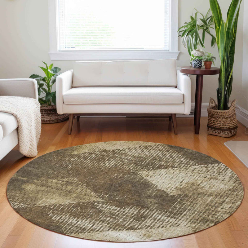 8' Brown And Beige Round Geometric Washable Indoor Outdoor Area Rug