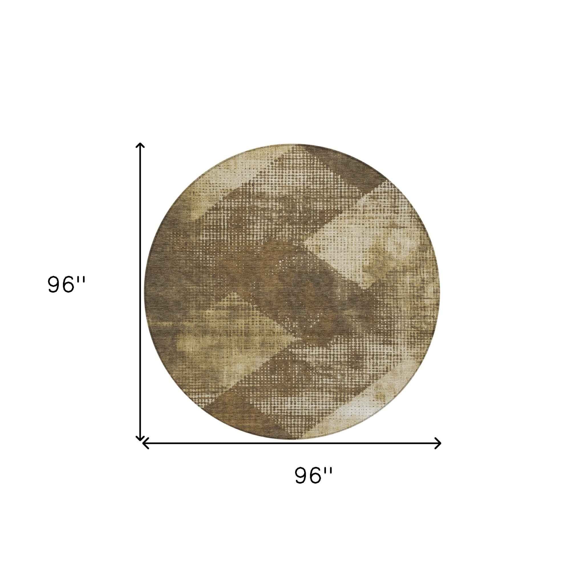 8' Brown And Beige Round Geometric Washable Indoor Outdoor Area Rug