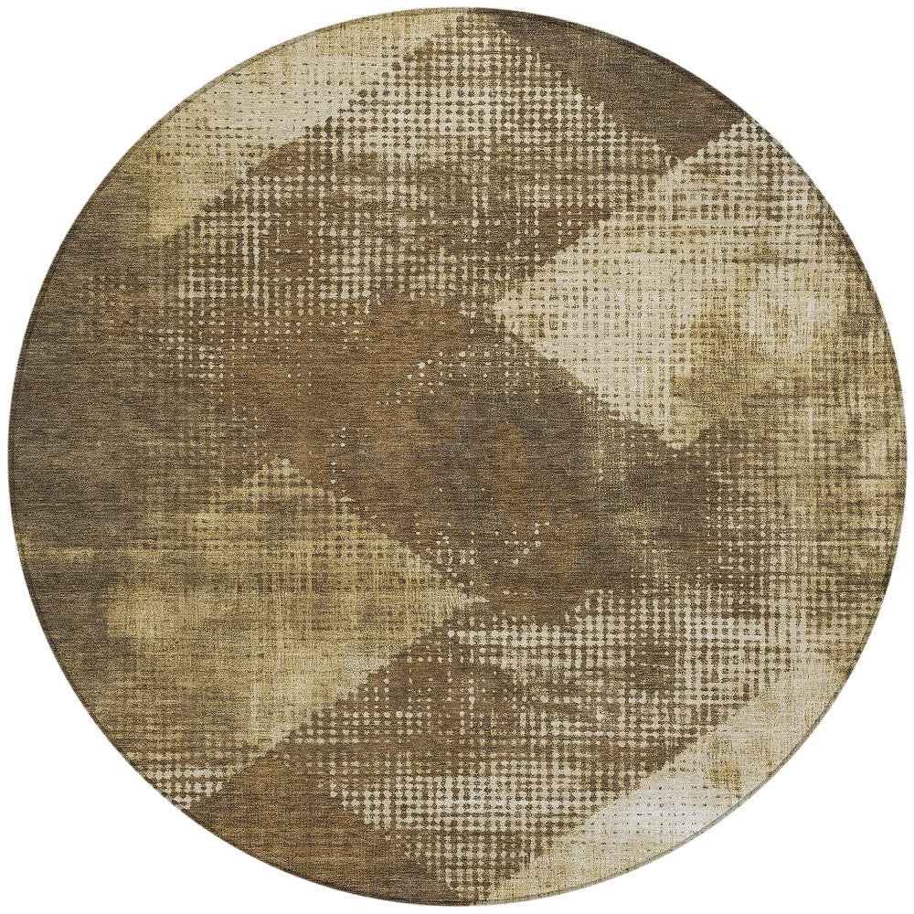 8' Brown And Beige Round Geometric Washable Indoor Outdoor Area Rug