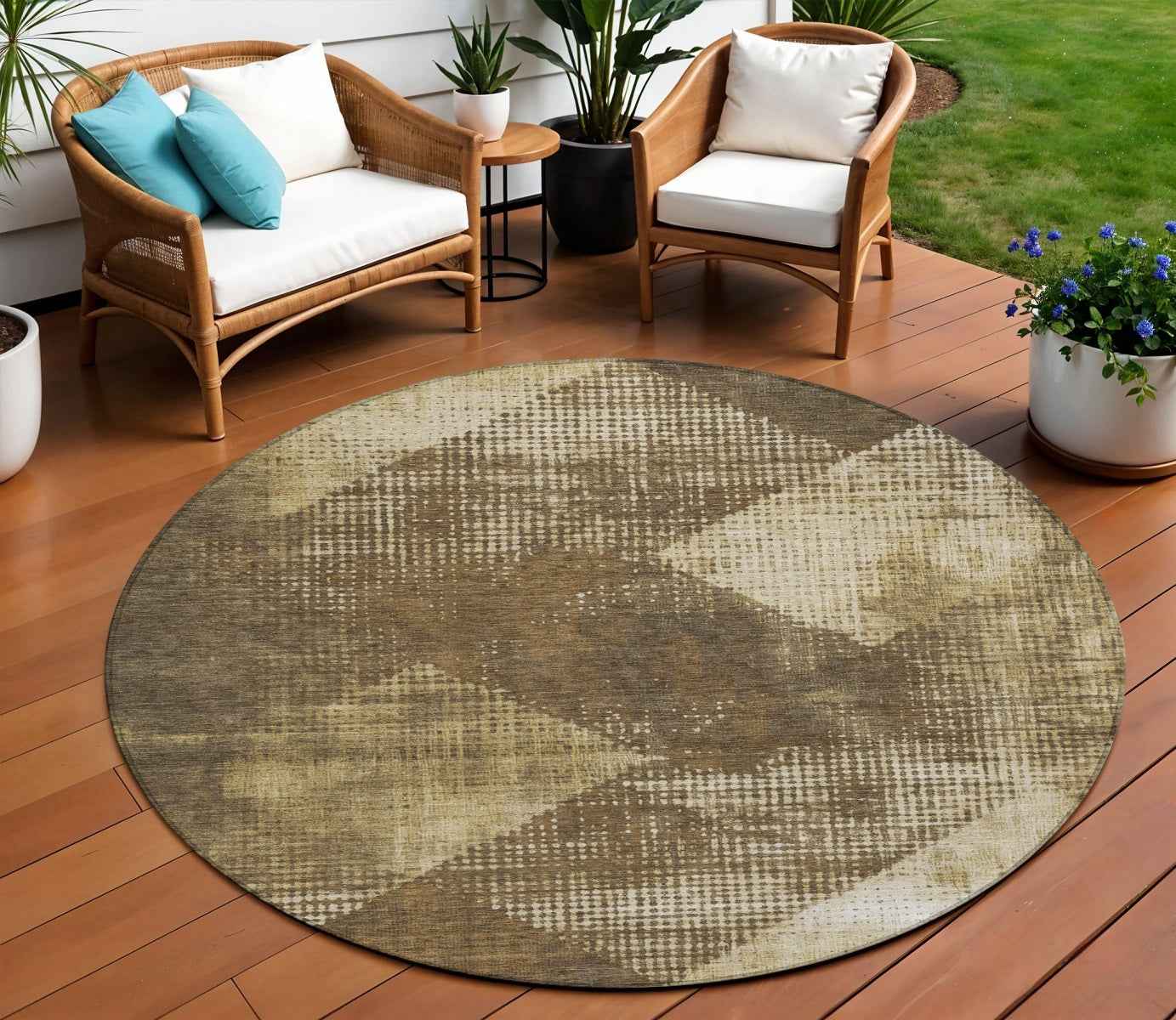 8' Brown And Beige Round Geometric Washable Indoor Outdoor Area Rug