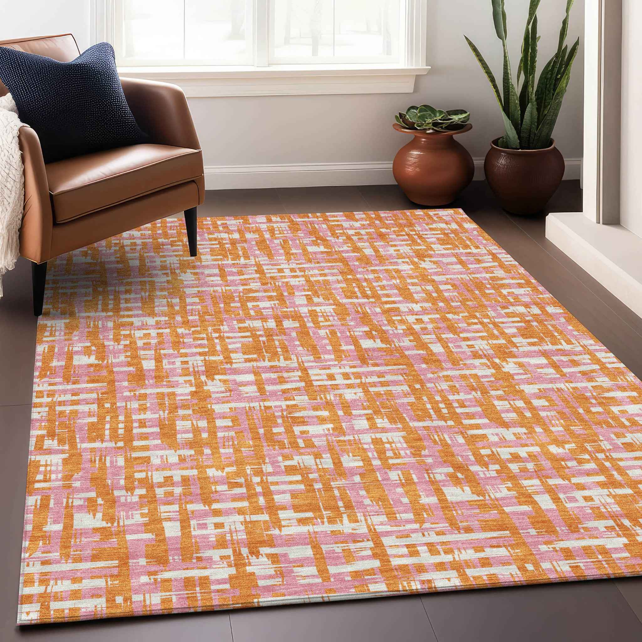 5' X 8' Orange Pink And Beige Abstract Washable Indoor Outdoor Area Rug