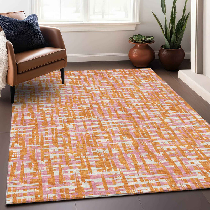 5' X 8' Orange Pink And Beige Abstract Washable Indoor Outdoor Area Rug