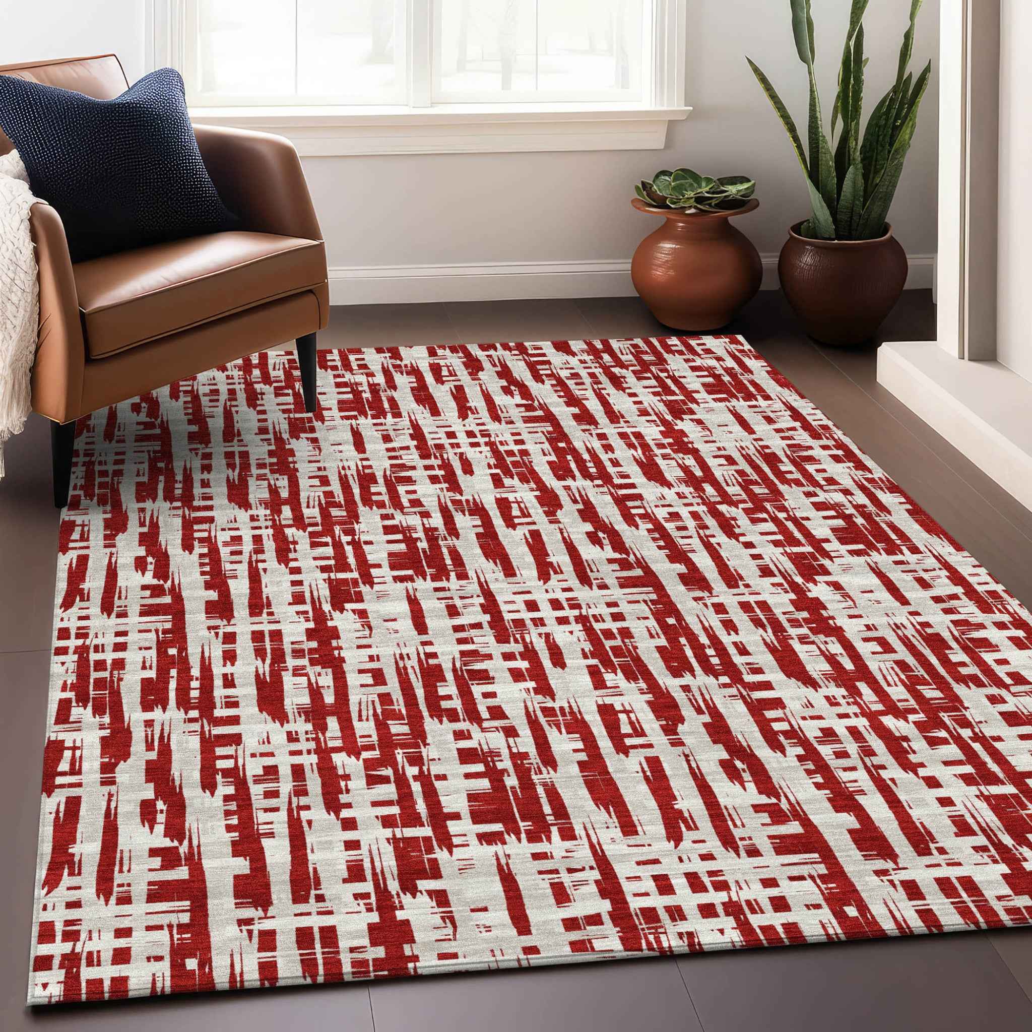 5' X 8' Red And Ivory Abstract Washable Indoor Outdoor Area Rug