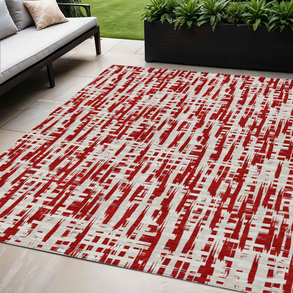 5' X 8' Red And Ivory Abstract Washable Indoor Outdoor Area Rug