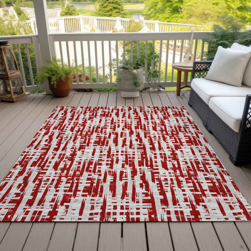5' X 8' Red And Ivory Abstract Washable Indoor Outdoor Area Rug