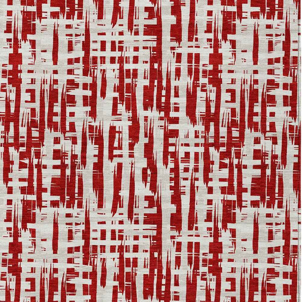 5' X 8' Red And Ivory Abstract Washable Indoor Outdoor Area Rug
