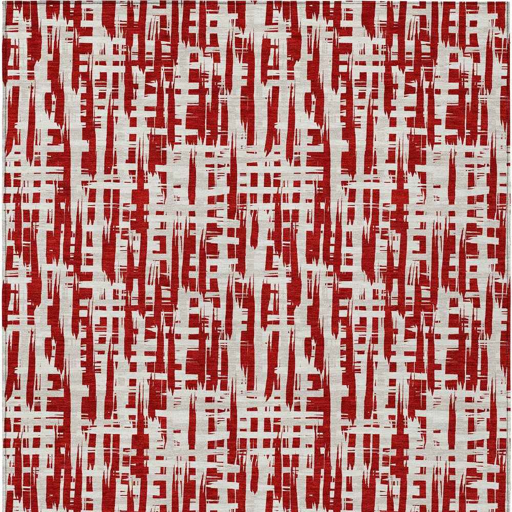 5' X 8' Red And Ivory Abstract Washable Indoor Outdoor Area Rug