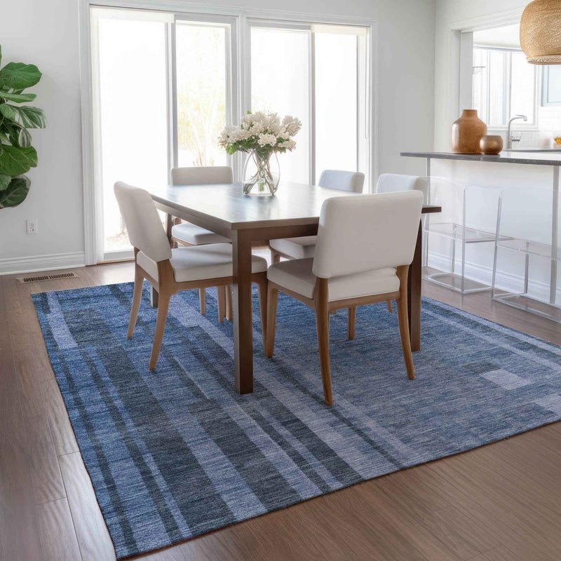 5' X 8' Navy Blue And Gray Striped Washable Indoor Outdoor Area Rug