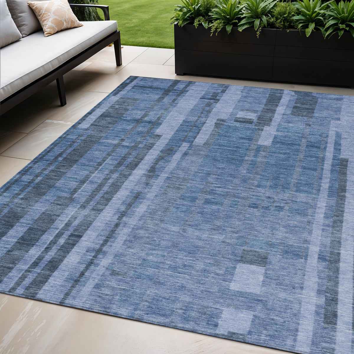 5' X 8' Navy Blue And Gray Striped Washable Indoor Outdoor Area Rug