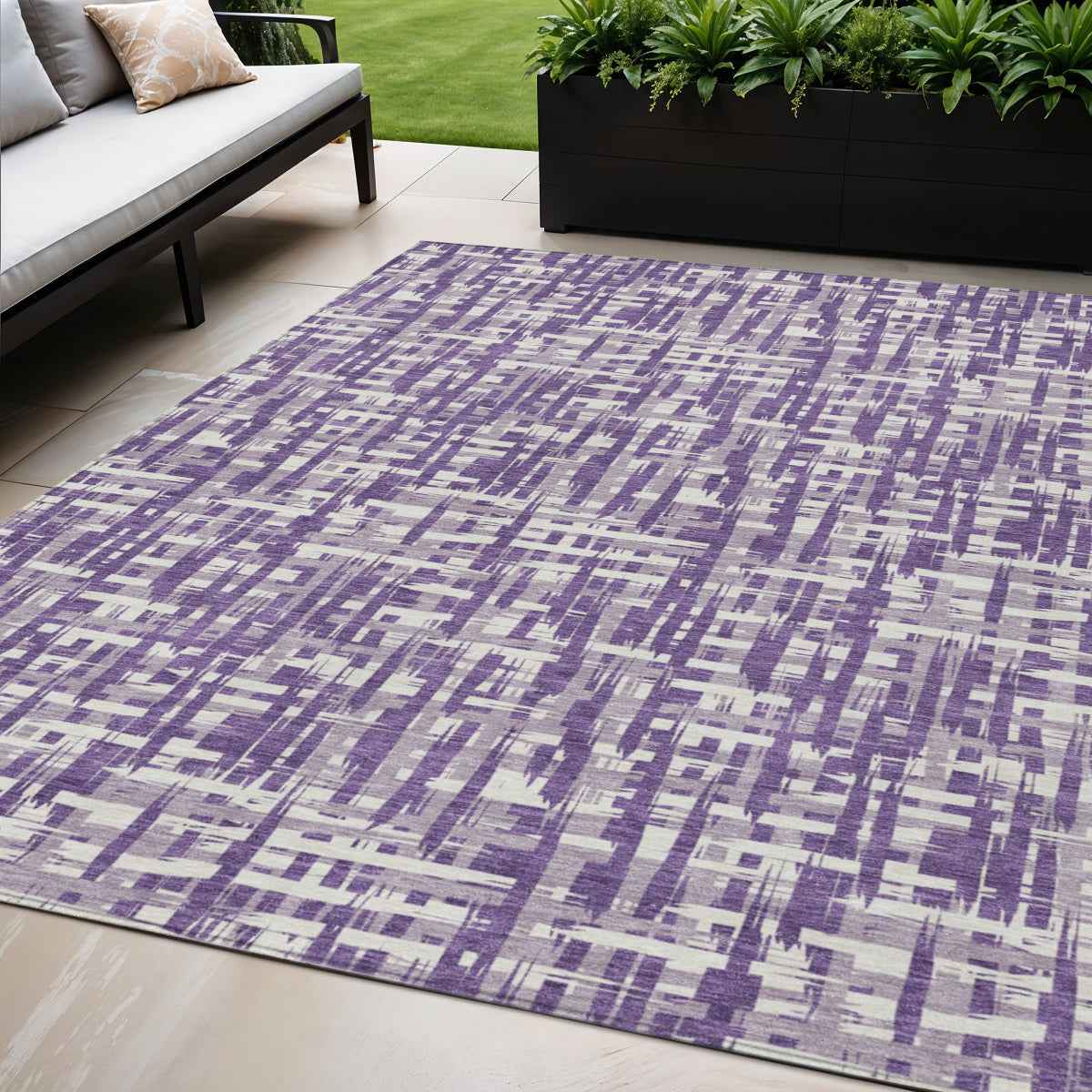 5' X 8' Purple And Lavender Abstract Washable Indoor Outdoor Area Rug