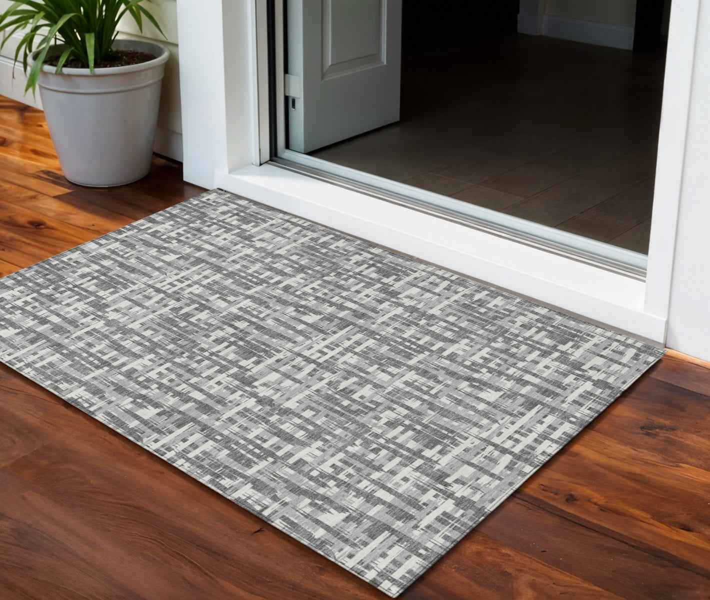 3' X 5' Gray And Charcoal Abstract Washable Indoor Outdoor Area Rug