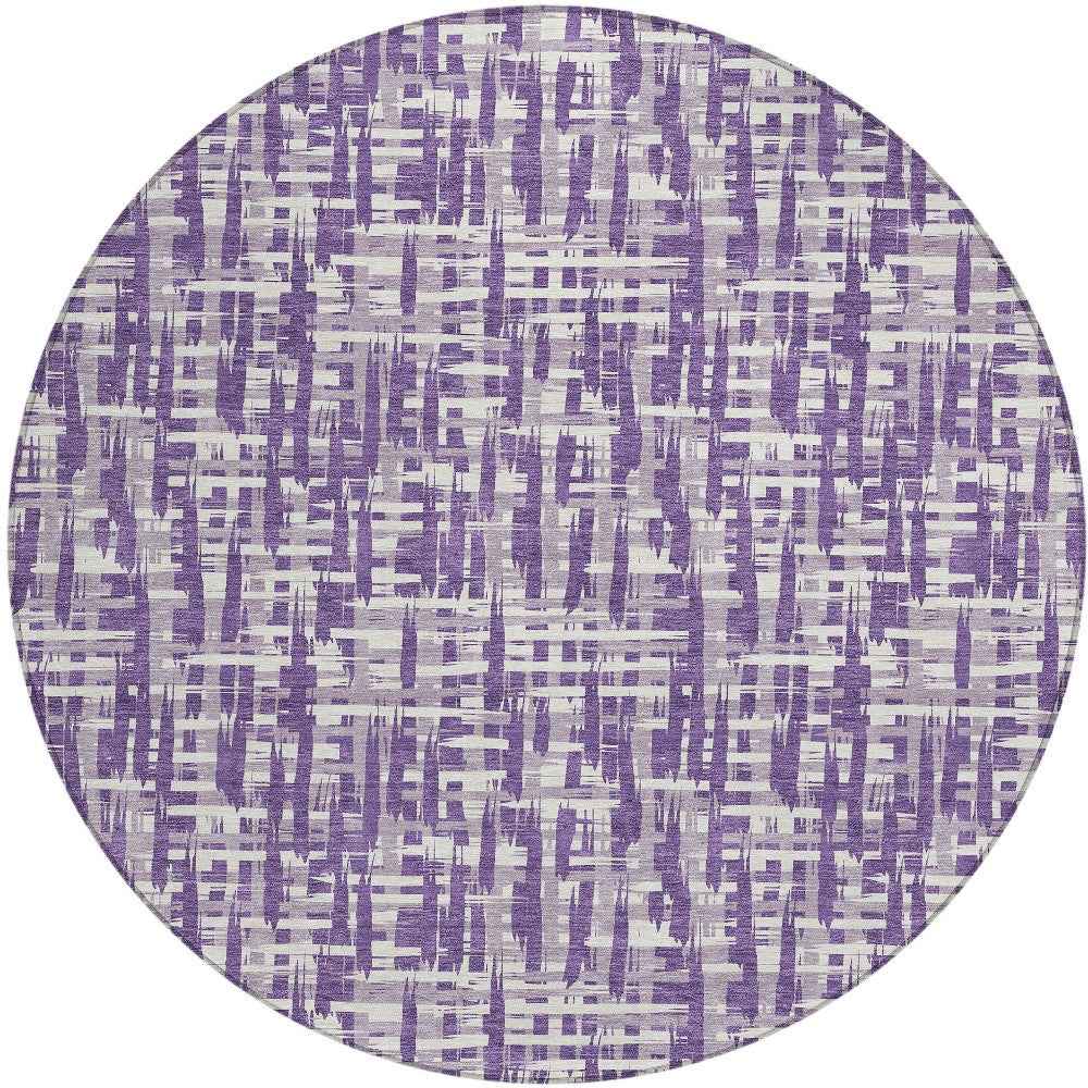 8' Purple And Lavender Round Abstract Washable Indoor Outdoor Area Rug