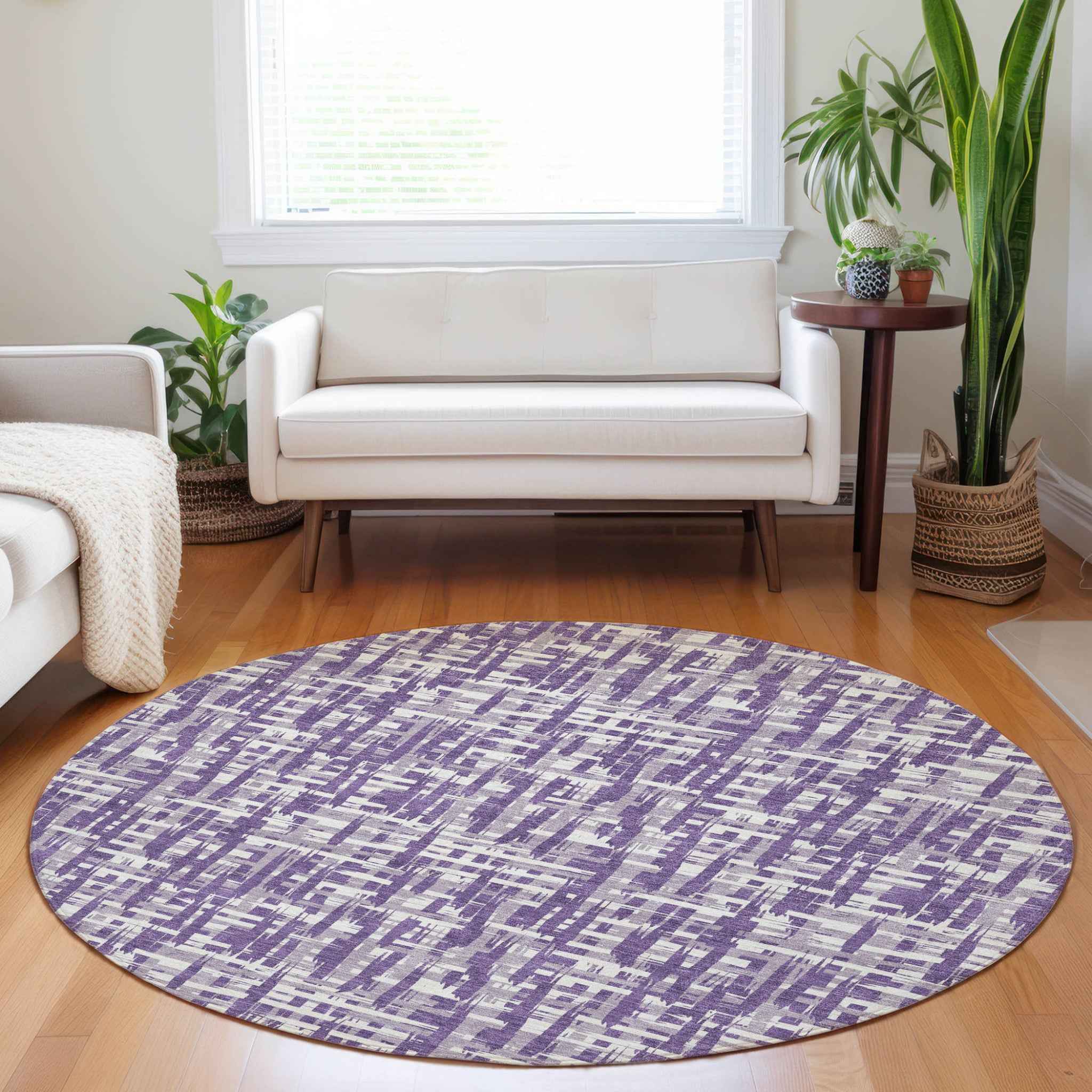 8' Purple And Lavender Round Abstract Washable Indoor Outdoor Area Rug