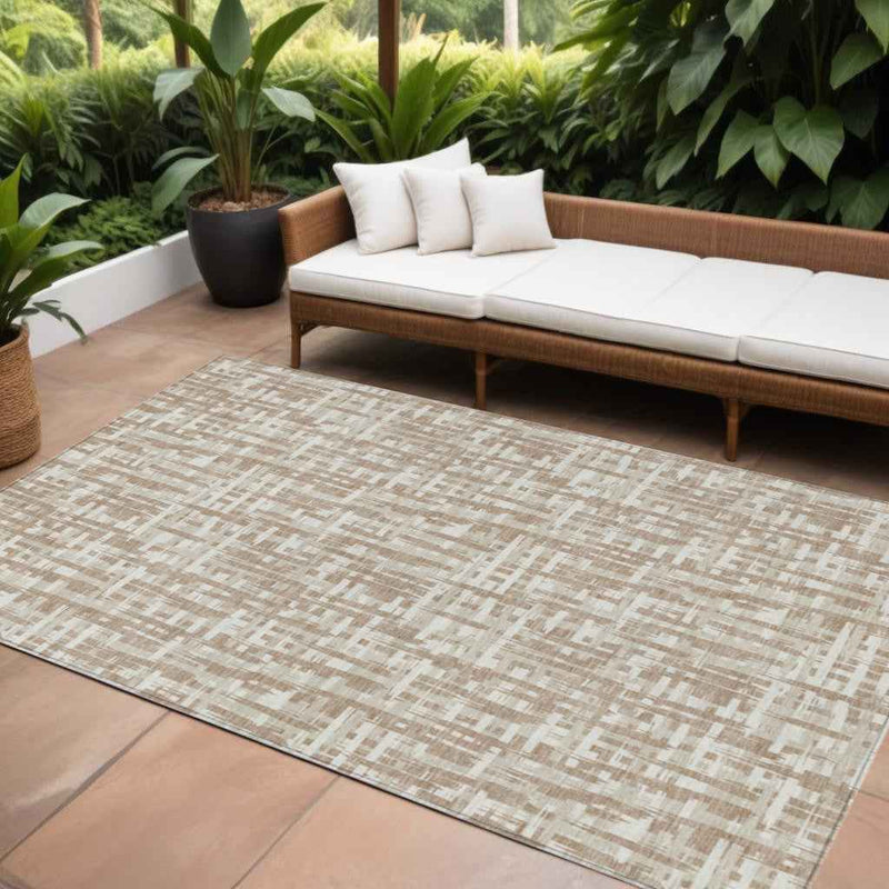 10' X 14' Tan And Beige Abstract Washable Indoor Outdoor Area Rug