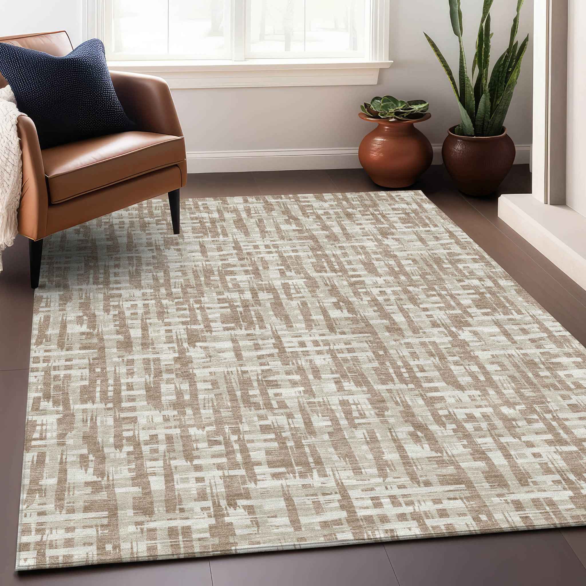 10' X 14' Tan And Beige Abstract Washable Indoor Outdoor Area Rug