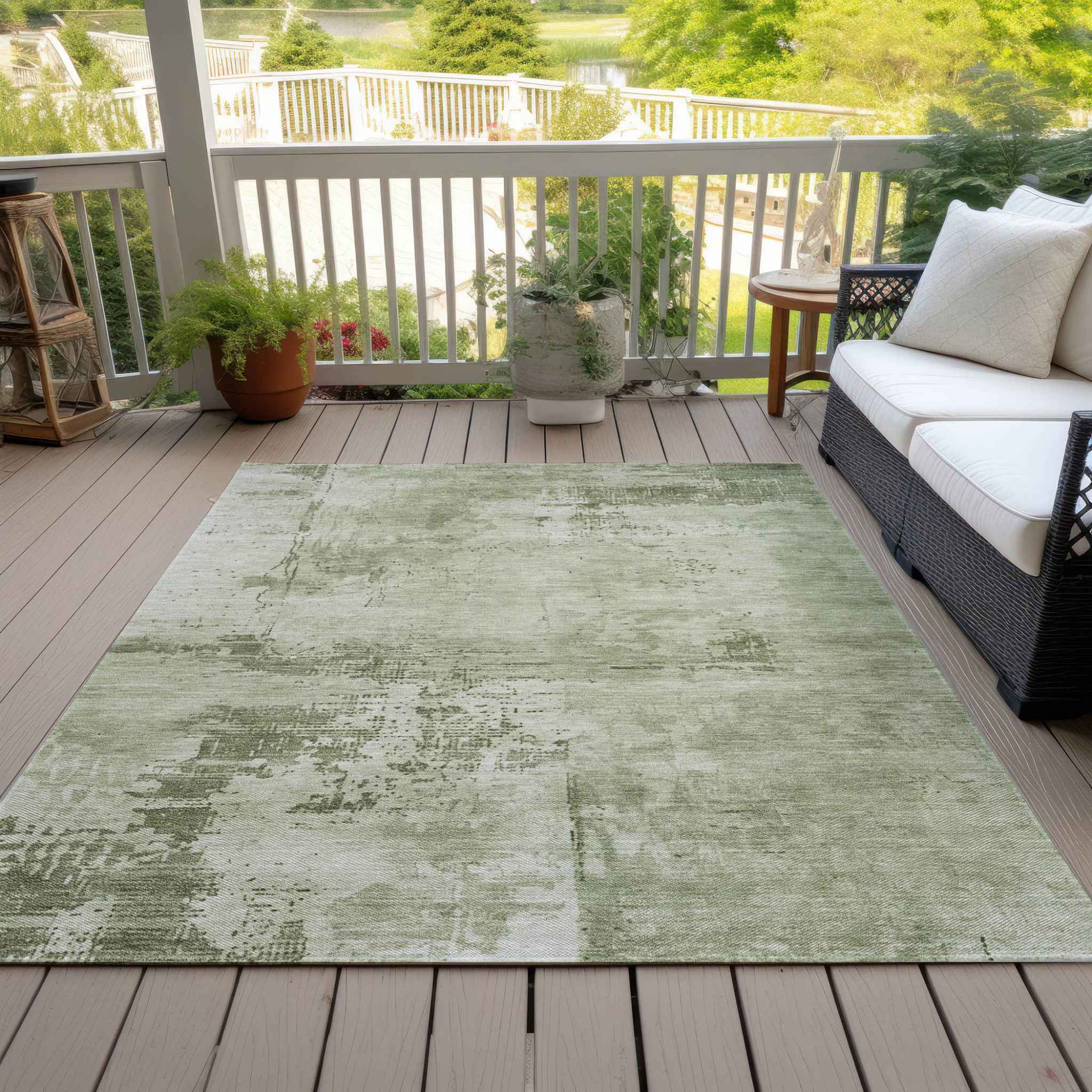 10' X 14' Olive Green And Ivory Abstract Washable Indoor Outdoor Area Rug