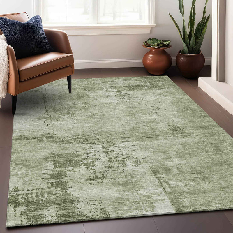 10' X 14' Olive Green And Ivory Abstract Washable Indoor Outdoor Area Rug