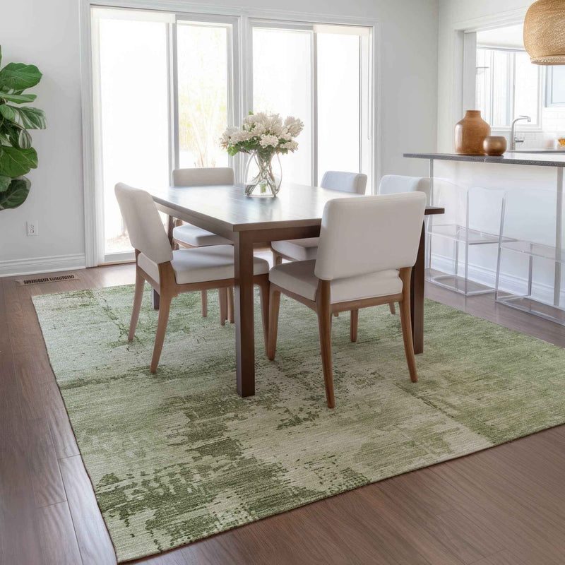 5' X 8' Olive Green And Ivory Abstract Washable Indoor Outdoor Area Rug