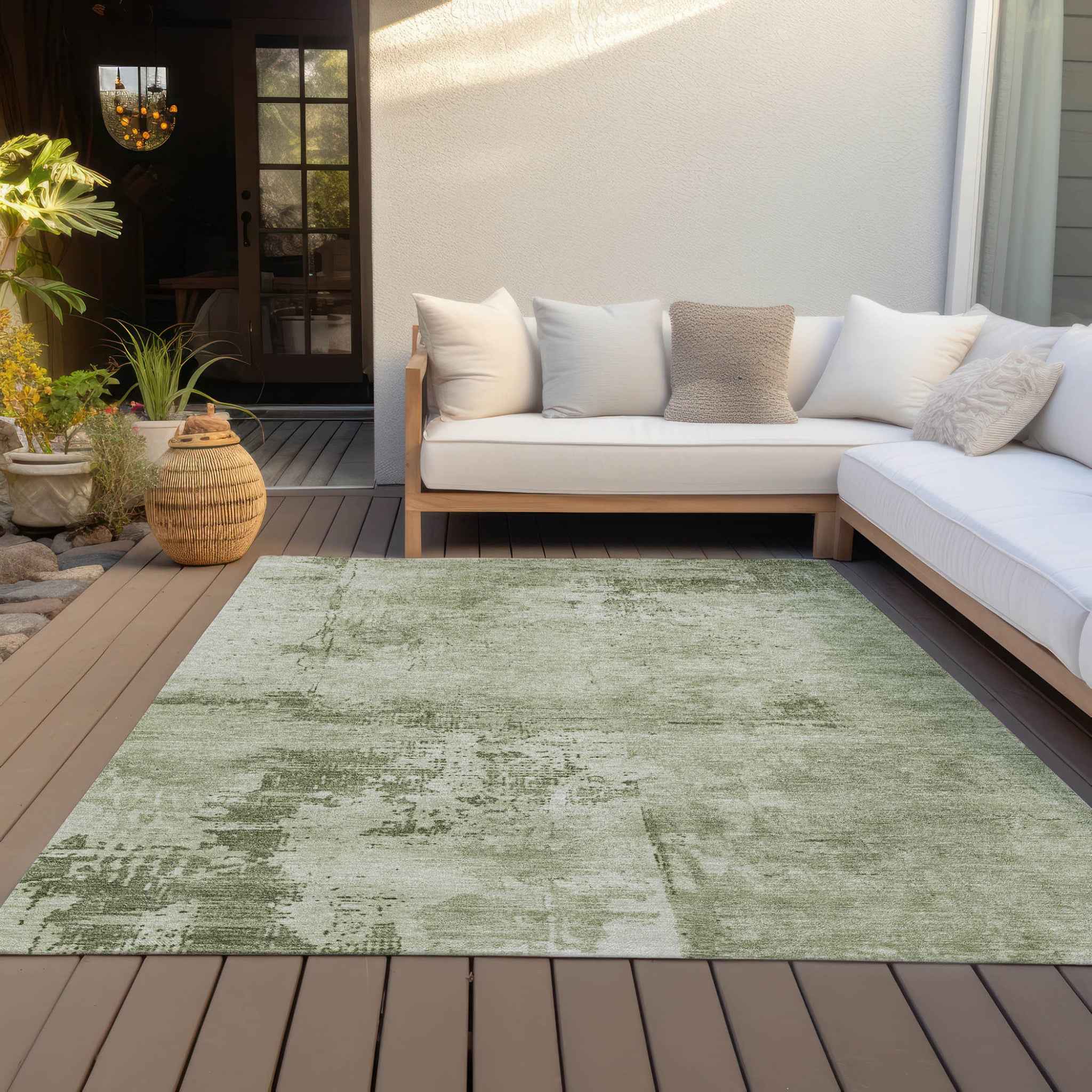 5' X 8' Olive Green And Ivory Abstract Washable Indoor Outdoor Area Rug