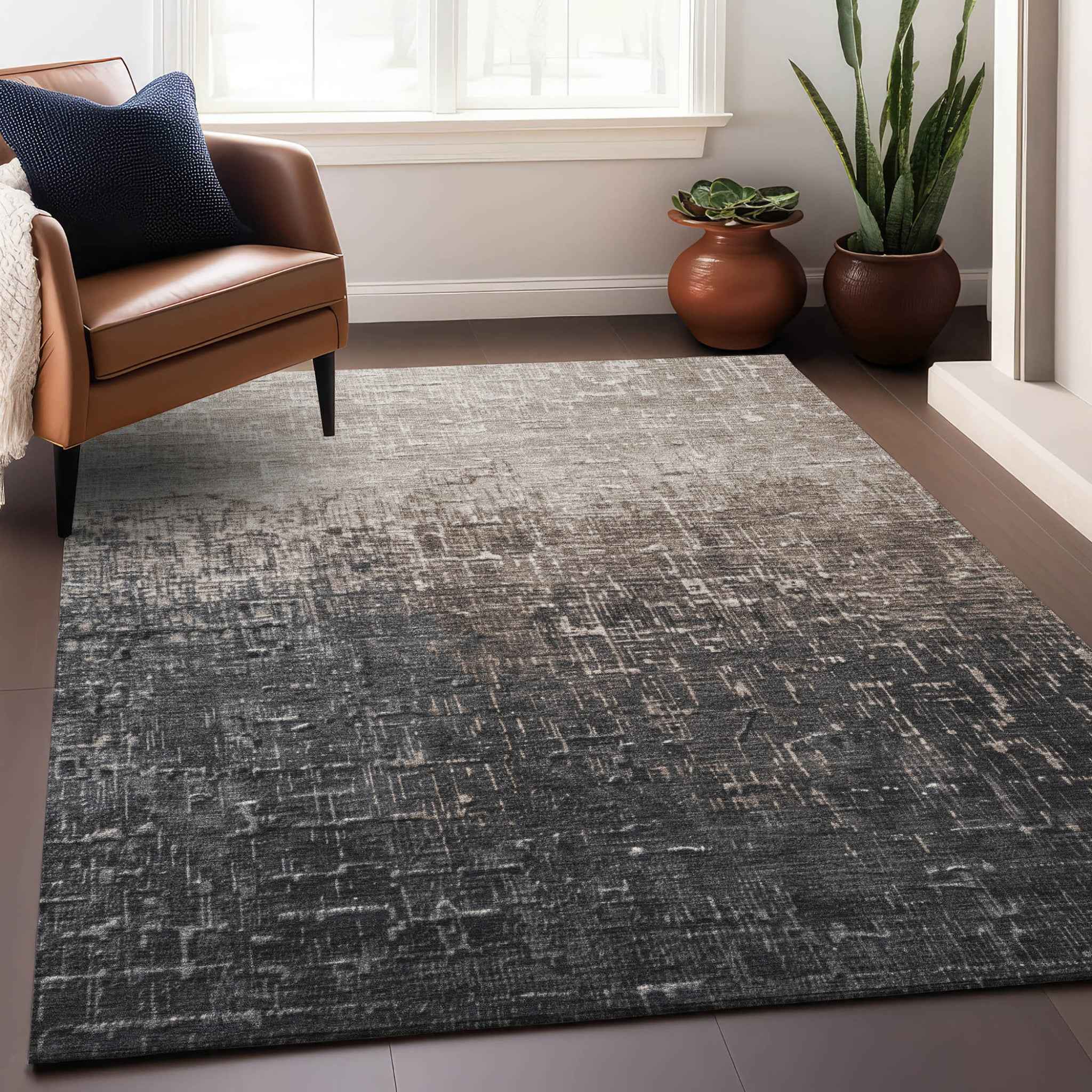 8' X 10' Khaki And Dark Gray Ombre Washable Indoor Outdoor Area Rug