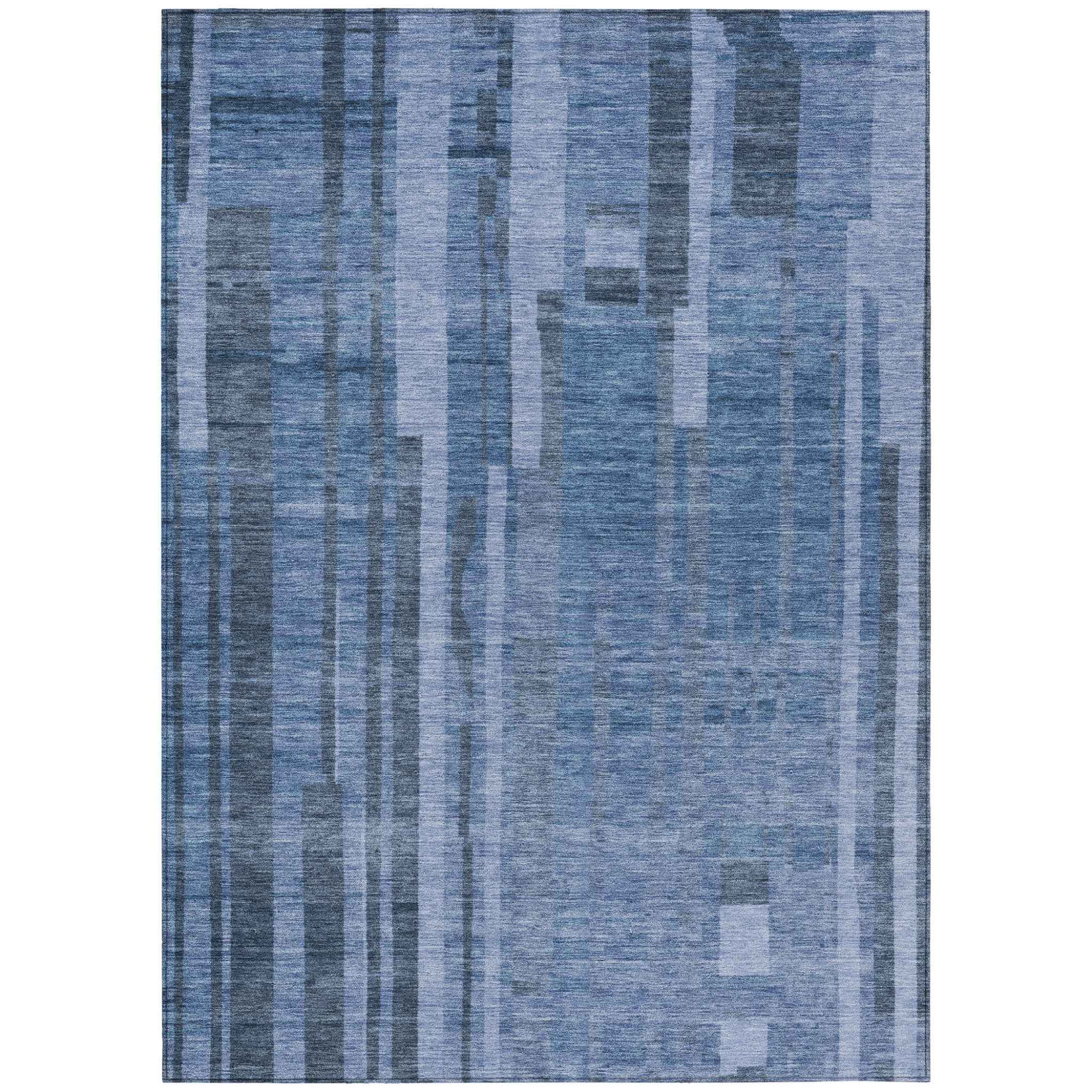 8' X 10' Navy Blue And Gray Striped Washable Indoor Outdoor Area Rug