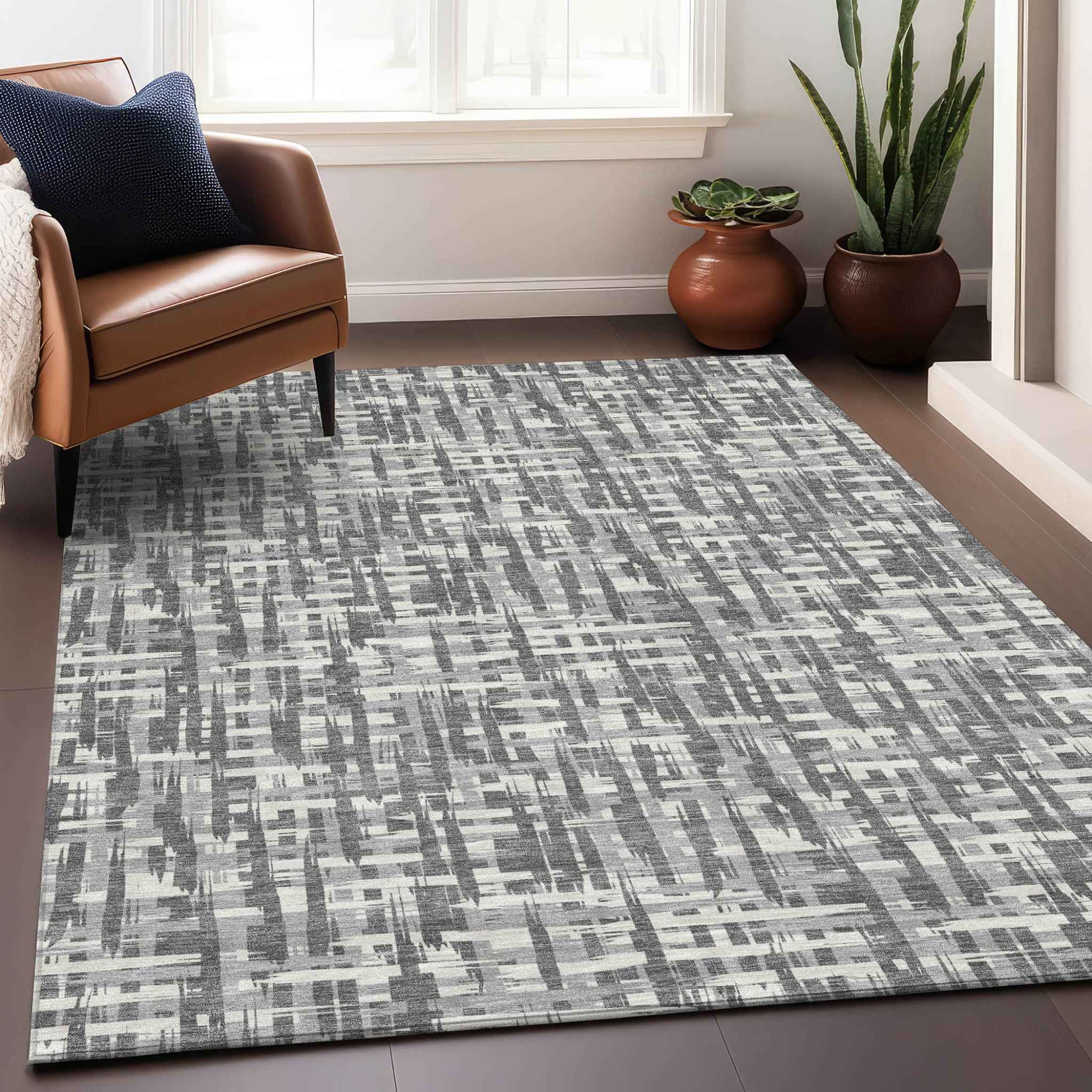 9' X 12' Gray And Charcoal Abstract Washable Indoor Outdoor Area Rug