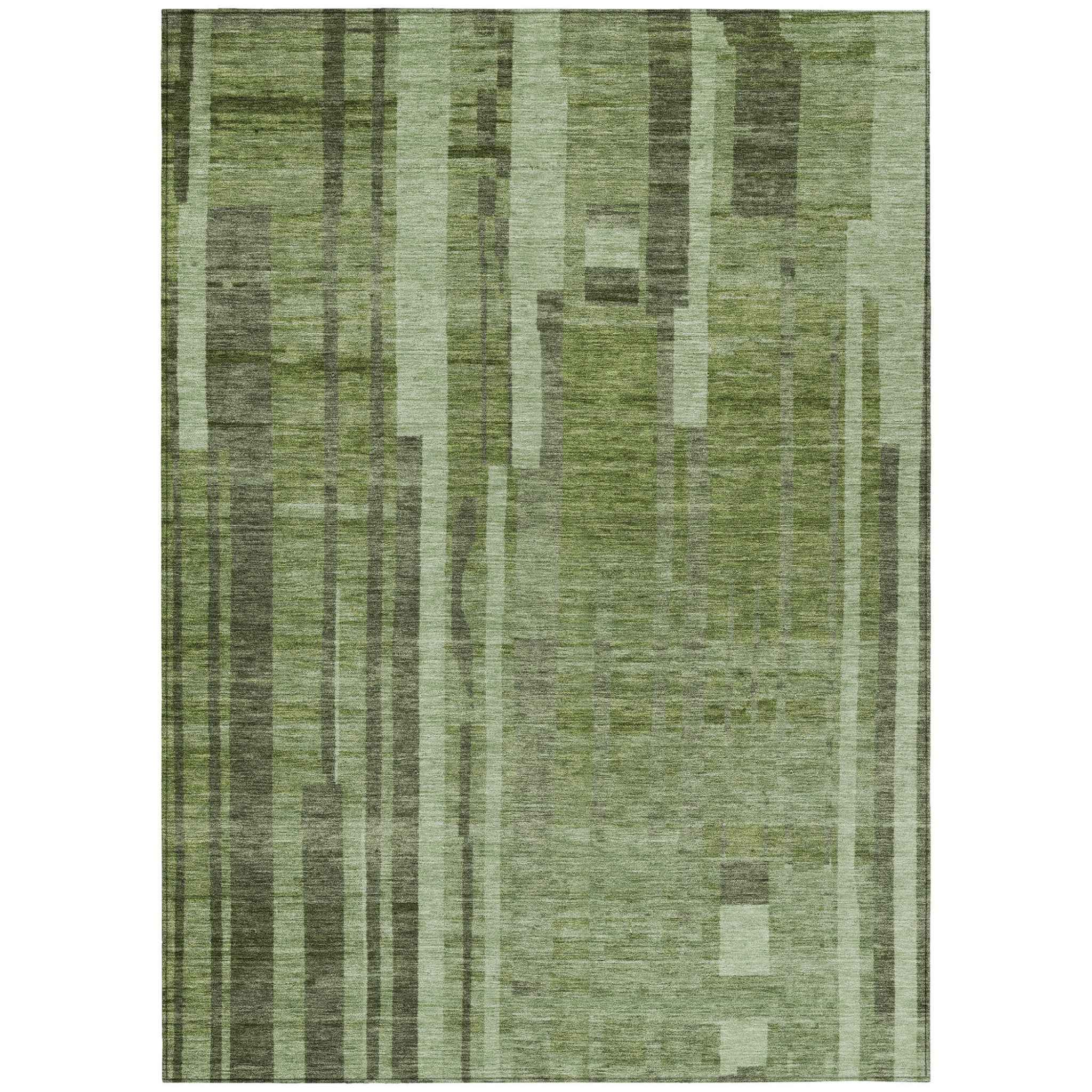 9' X 12' Green And Gray Striped Washable Indoor Outdoor Area Rug