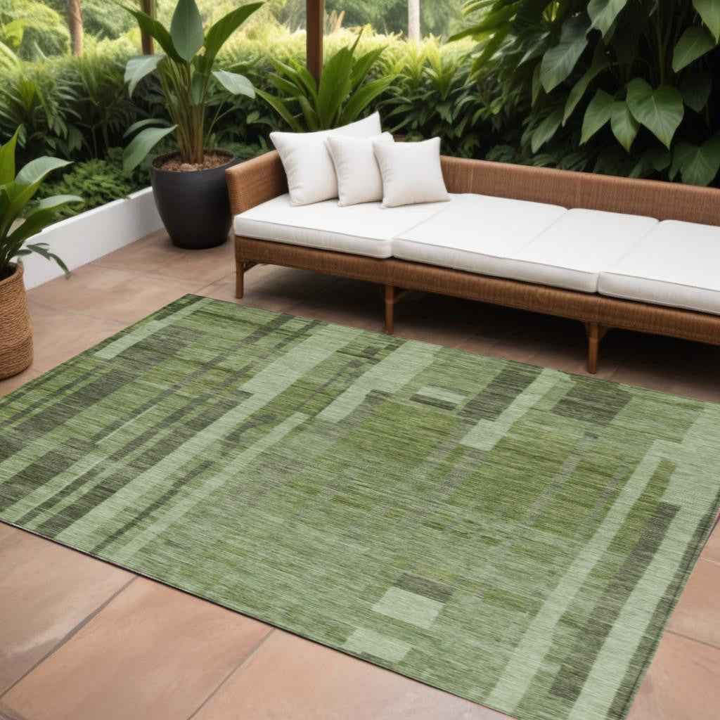 9' X 12' Green And Gray Striped Washable Indoor Outdoor Area Rug