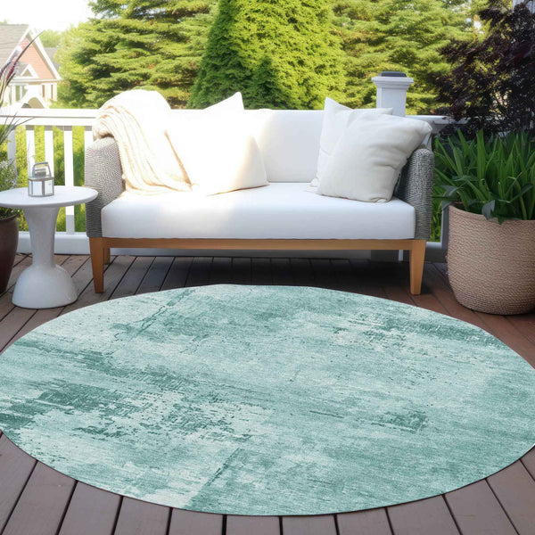 8' Teal Blue And Ivory Round Abstract Washable Indoor Outdoor Area Rug