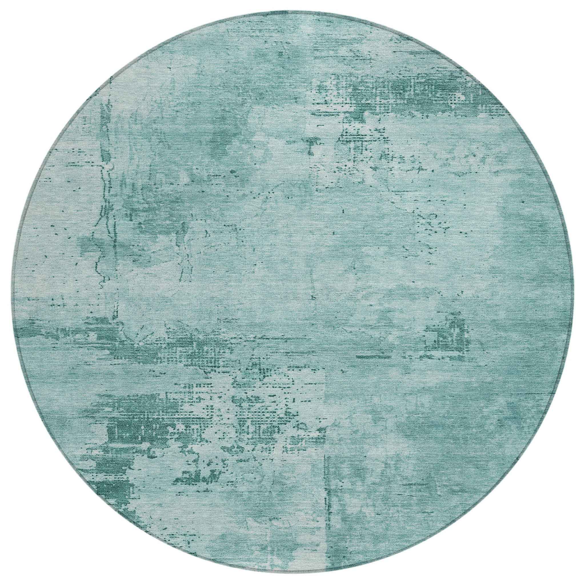 8' Teal Blue And Ivory Round Abstract Washable Indoor Outdoor Area Rug
