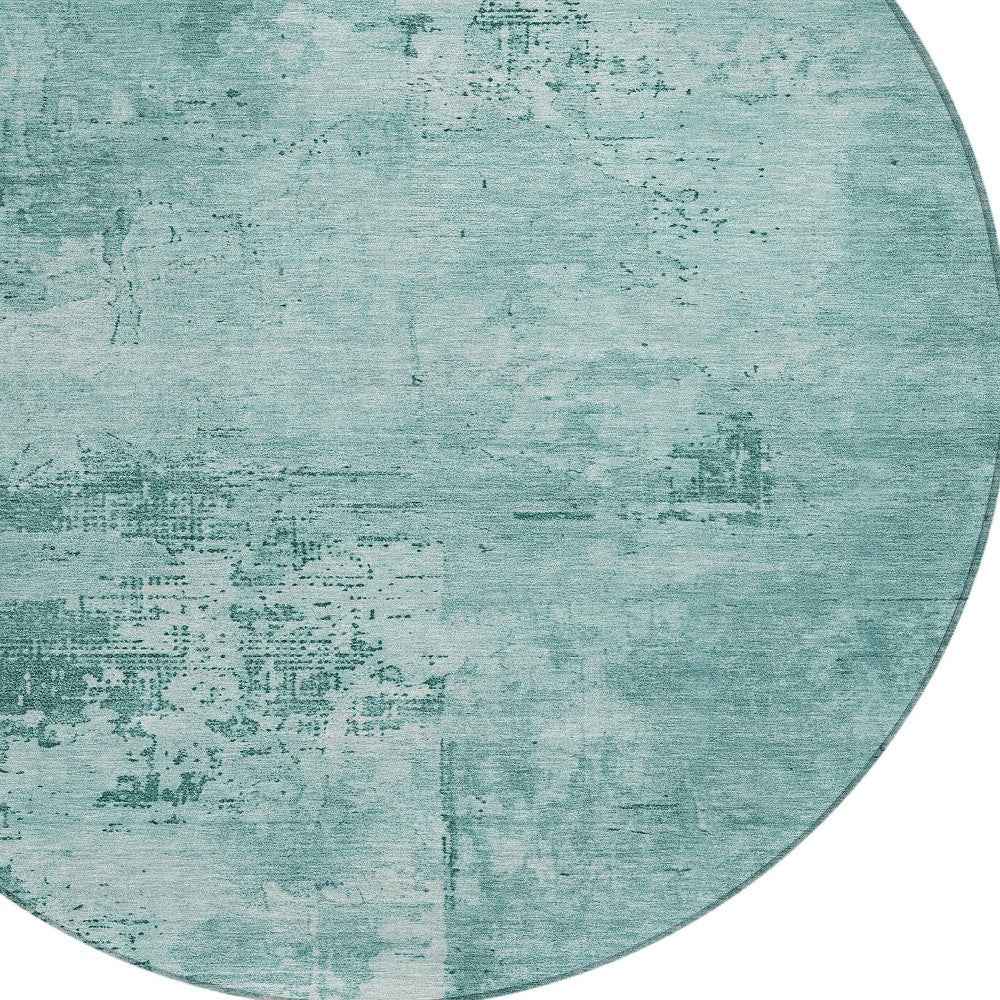8' Teal Blue And Ivory Round Abstract Washable Indoor Outdoor Area Rug