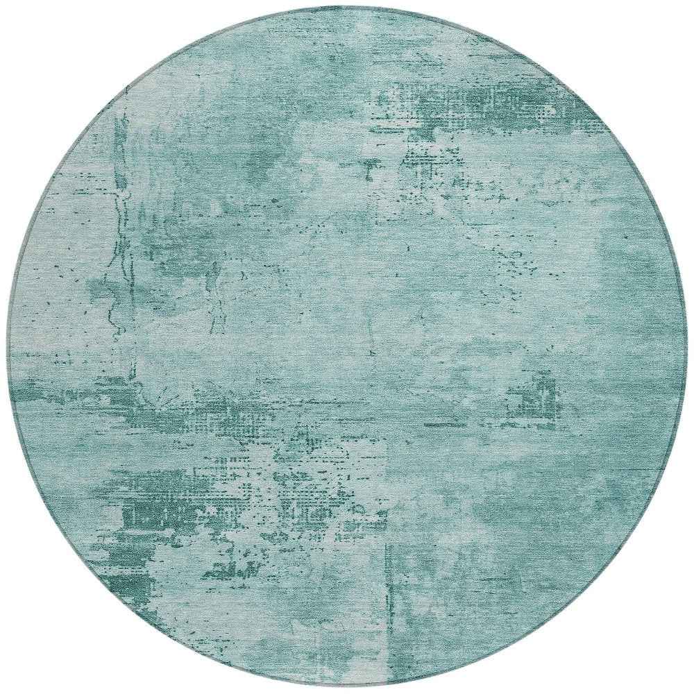 8' Teal Blue And Ivory Round Abstract Washable Indoor Outdoor Area Rug