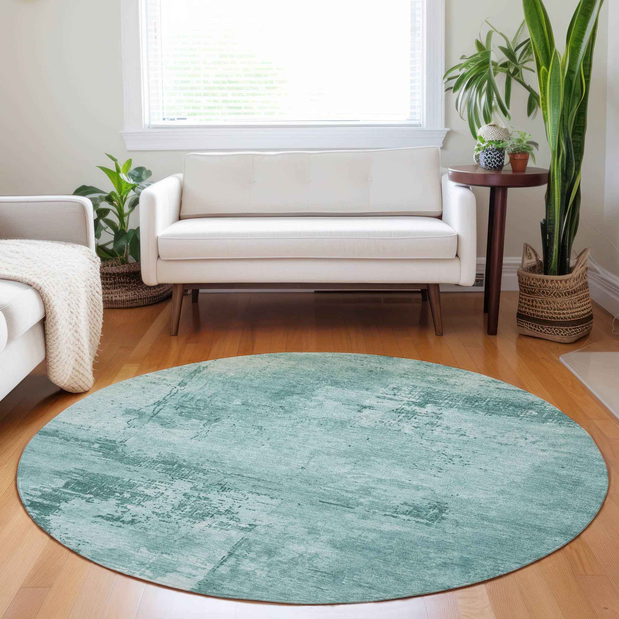 8' Teal Blue And Ivory Round Abstract Washable Indoor Outdoor Area Rug