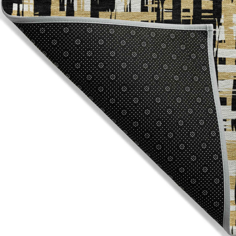 3' X 5' Black Gold And Ivory Abstract Washable Indoor Outdoor Area Rug