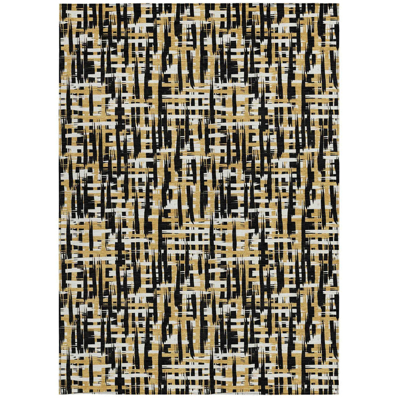 3' X 5' Black Gold And Ivory Abstract Washable Indoor Outdoor Area Rug