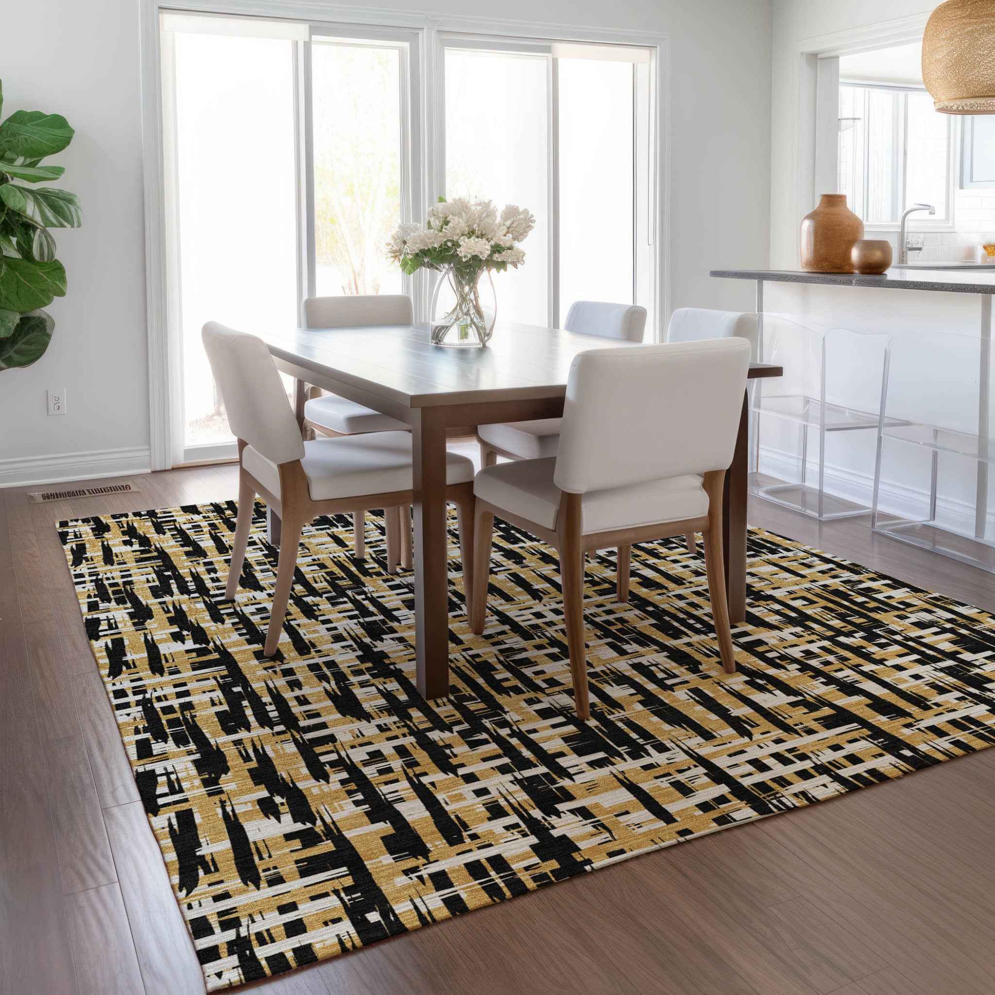 3' X 5' Black Gold And Ivory Abstract Washable Indoor Outdoor Area Rug