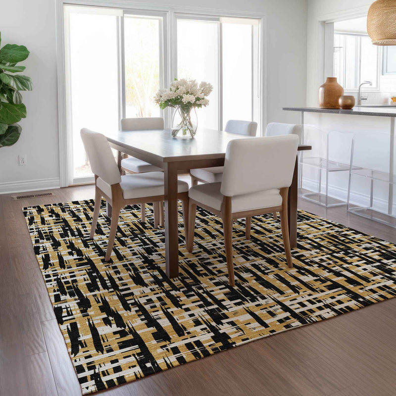 3' X 5' Black Gold And Ivory Abstract Washable Indoor Outdoor Area Rug