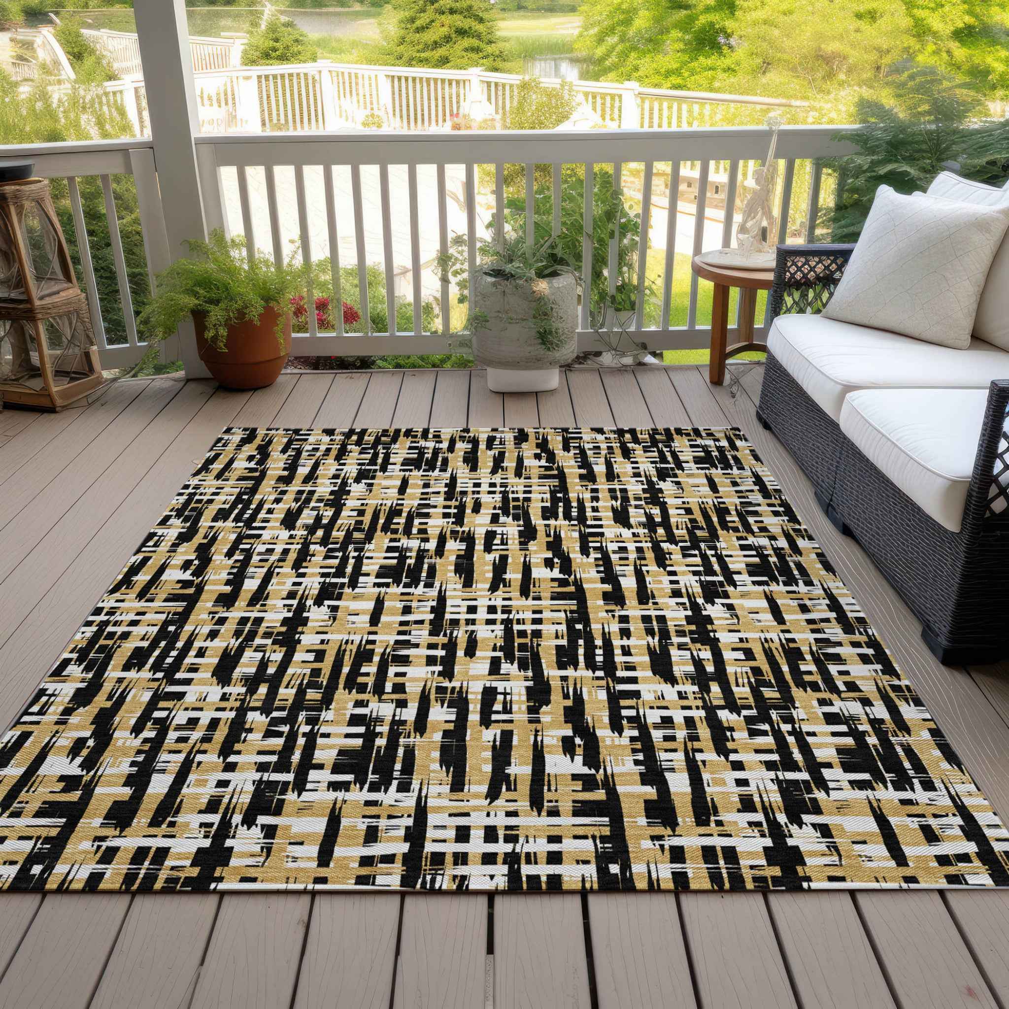 3' X 5' Black Gold And Ivory Abstract Washable Indoor Outdoor Area Rug