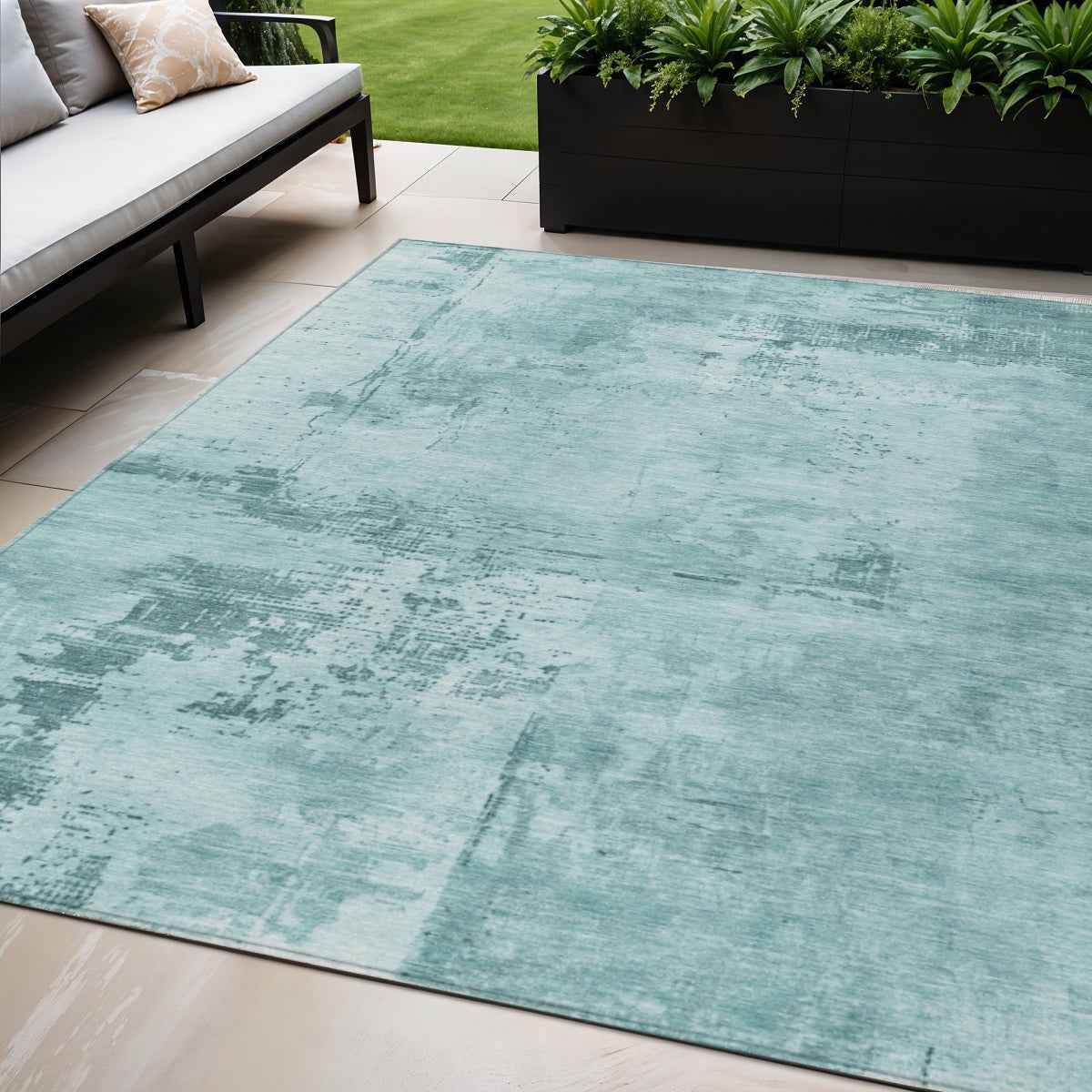5' X 8' Blue And Ivory Abstract Washable Indoor Outdoor Area Rug