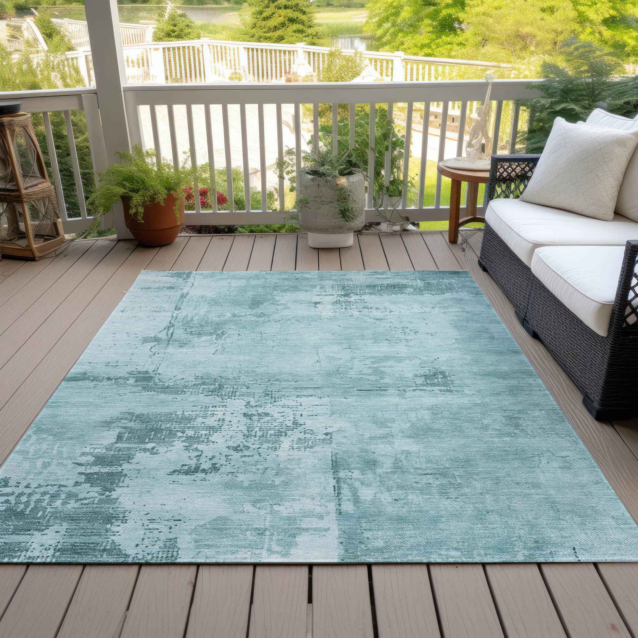5' X 8' Blue And Ivory Abstract Washable Indoor Outdoor Area Rug
