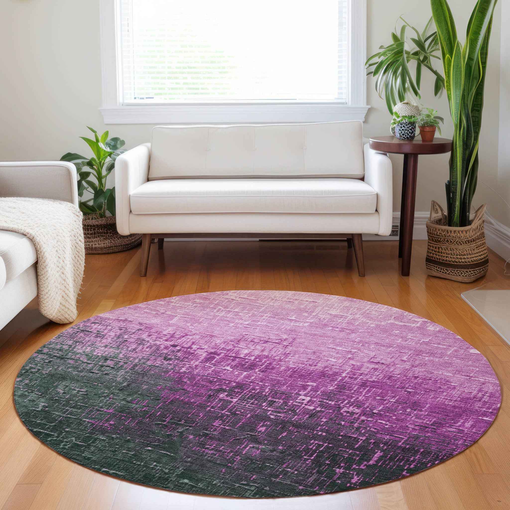 8' Blush And Dark Gray Round Ombre Washable Indoor Outdoor Area Rug