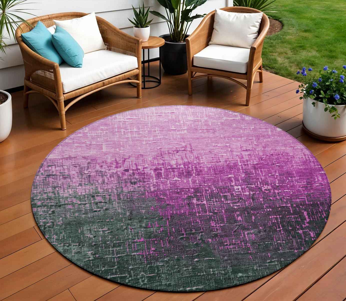 8' Blush And Dark Gray Round Ombre Washable Indoor Outdoor Area Rug