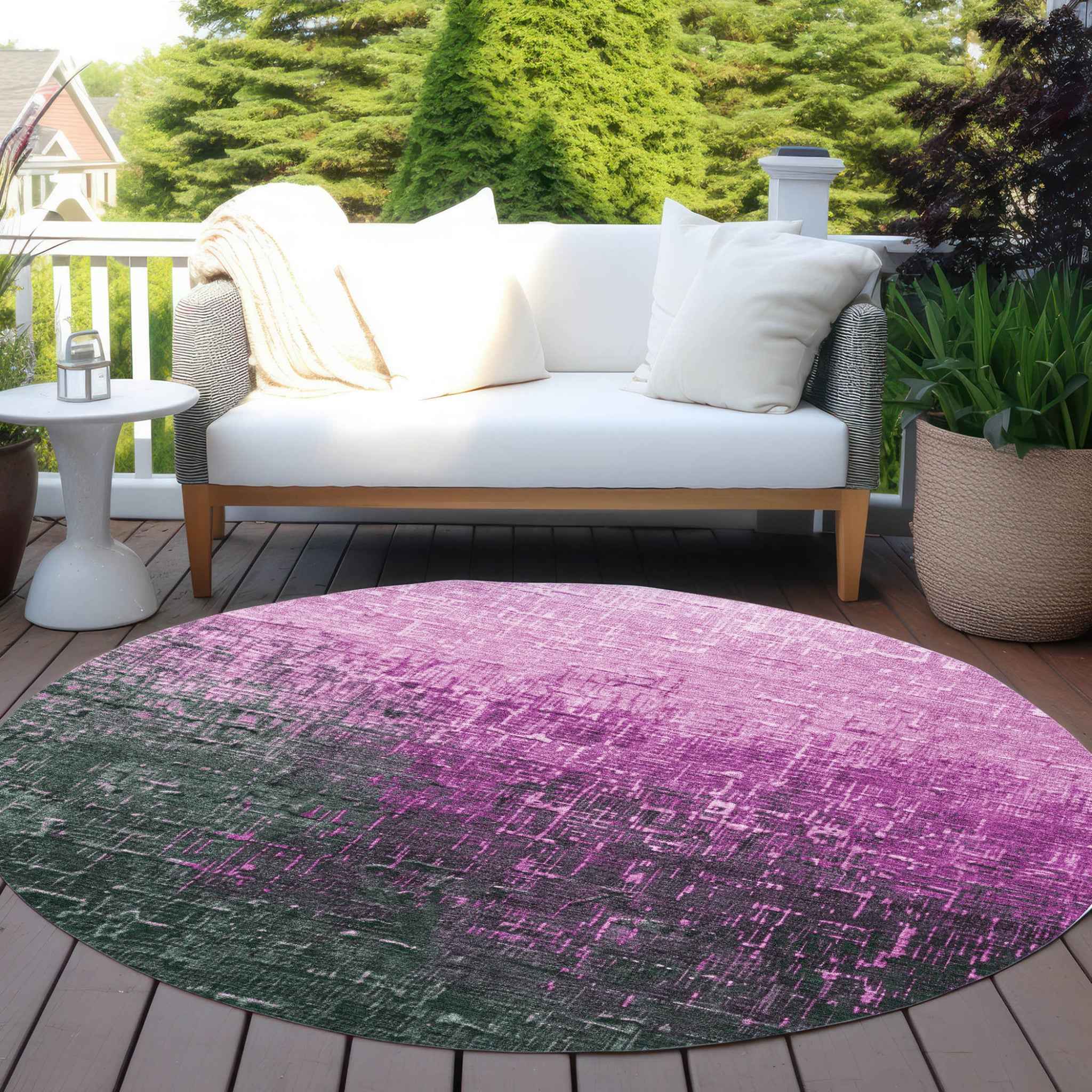 8' Blush And Dark Gray Round Ombre Washable Indoor Outdoor Area Rug