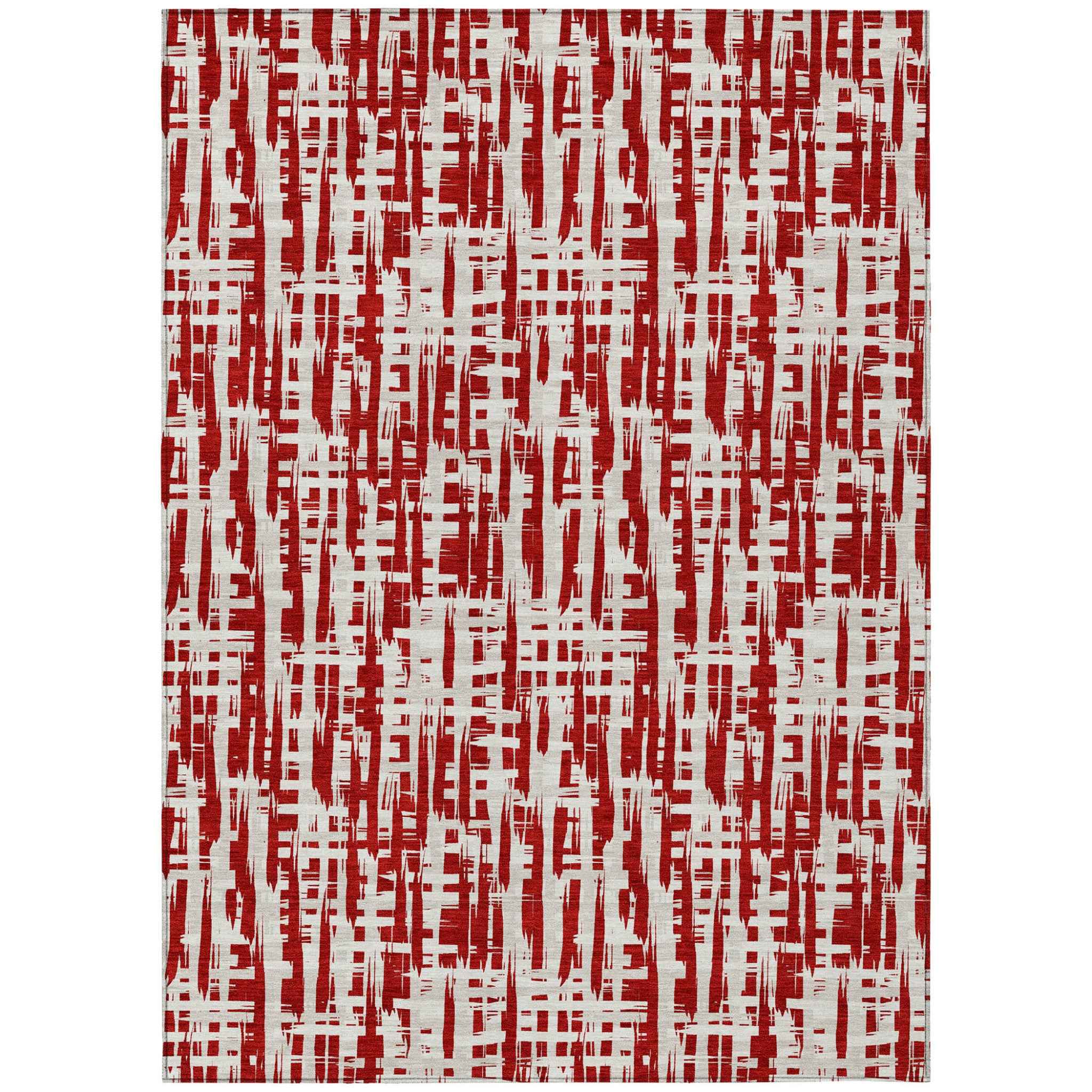 9' X 12' Red And Ivory Abstract Washable Indoor Outdoor Area Rug