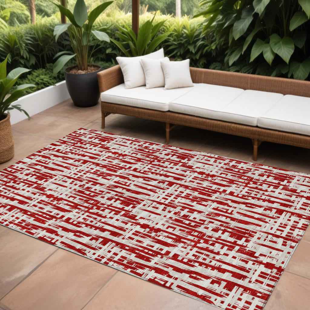 9' X 12' Red And Ivory Abstract Washable Indoor Outdoor Area Rug