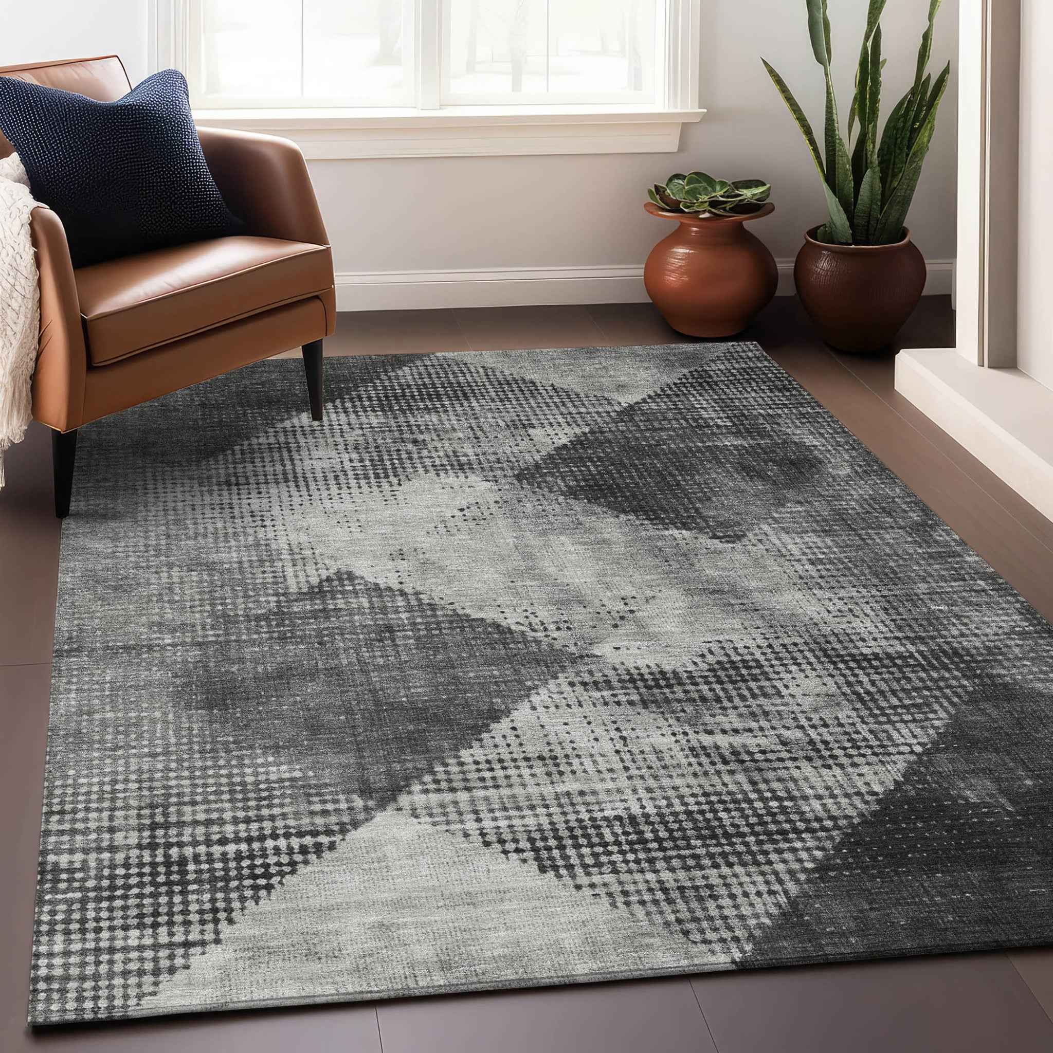 3' X 5' Gray And Black Geometric Washable Indoor Outdoor Area Rug