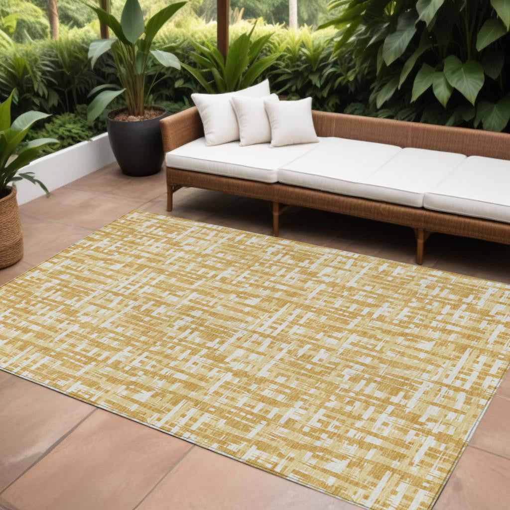 10' X 14' Gold Brown And Beige Abstract Washable Indoor Outdoor Area Rug