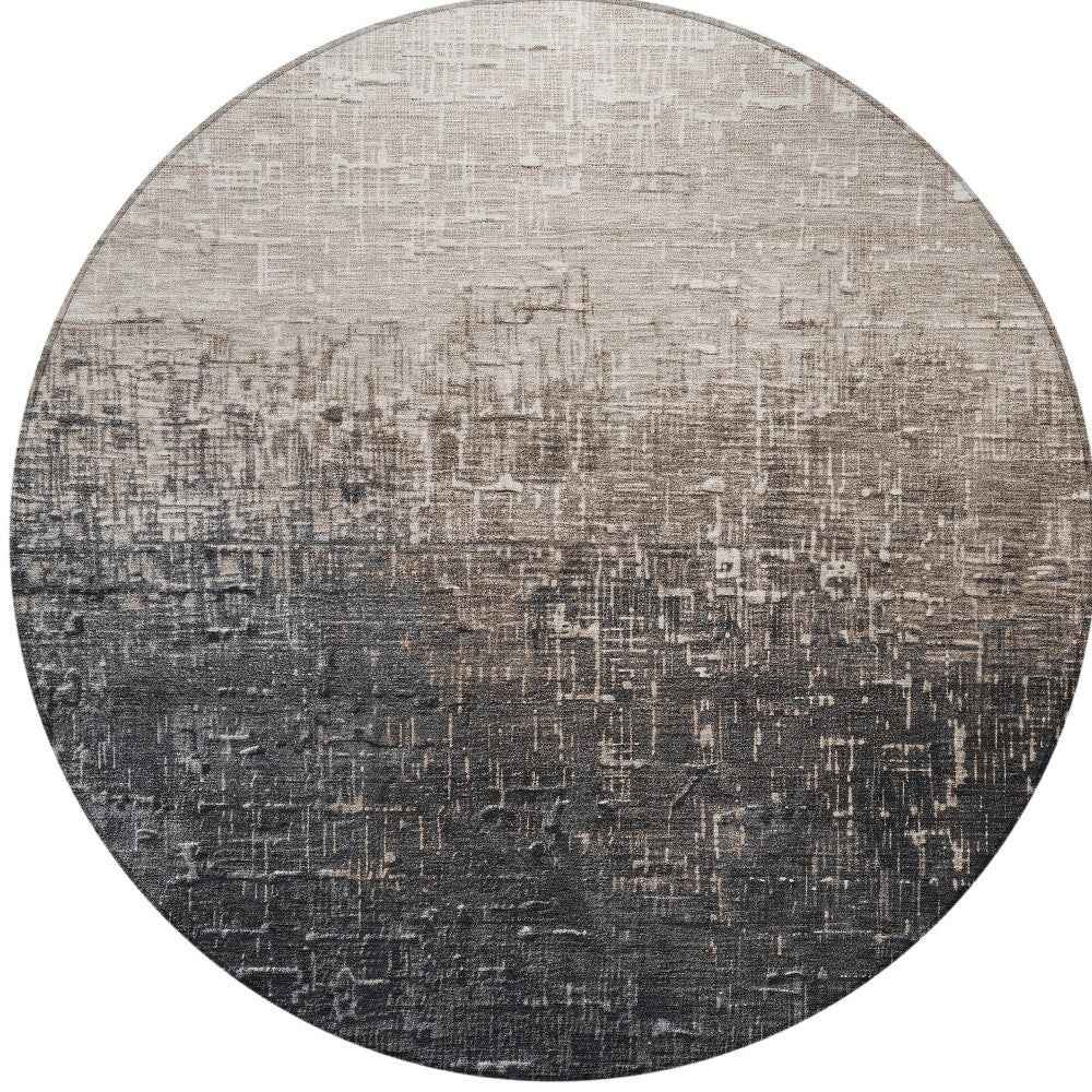 8' Khaki And Dark Gray Round Ombre Washable Indoor Outdoor Area Rug