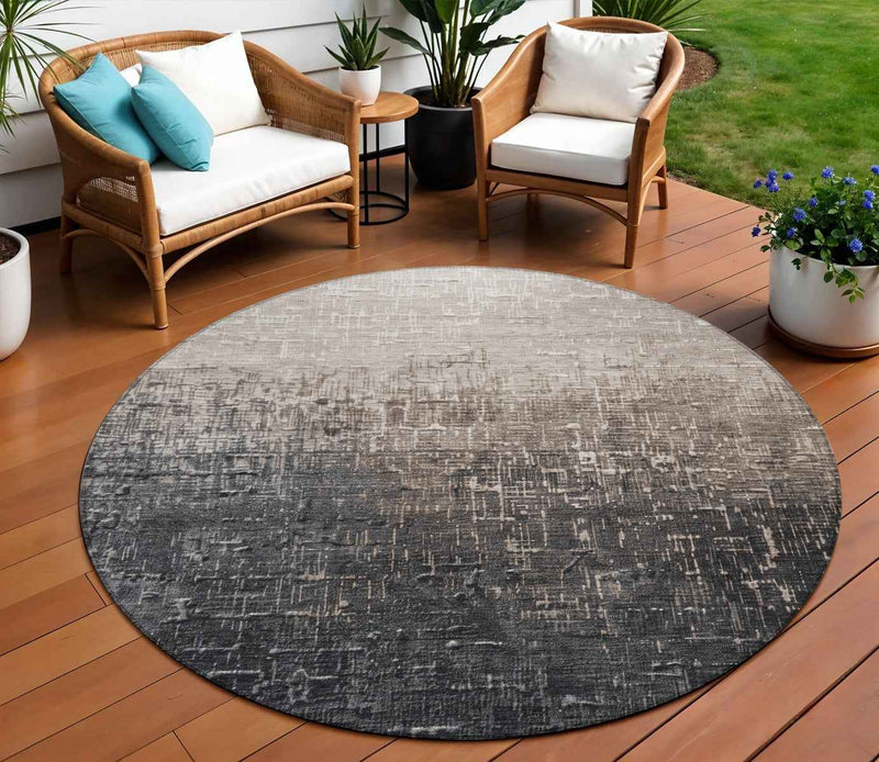 8' Khaki And Dark Gray Round Ombre Washable Indoor Outdoor Area Rug