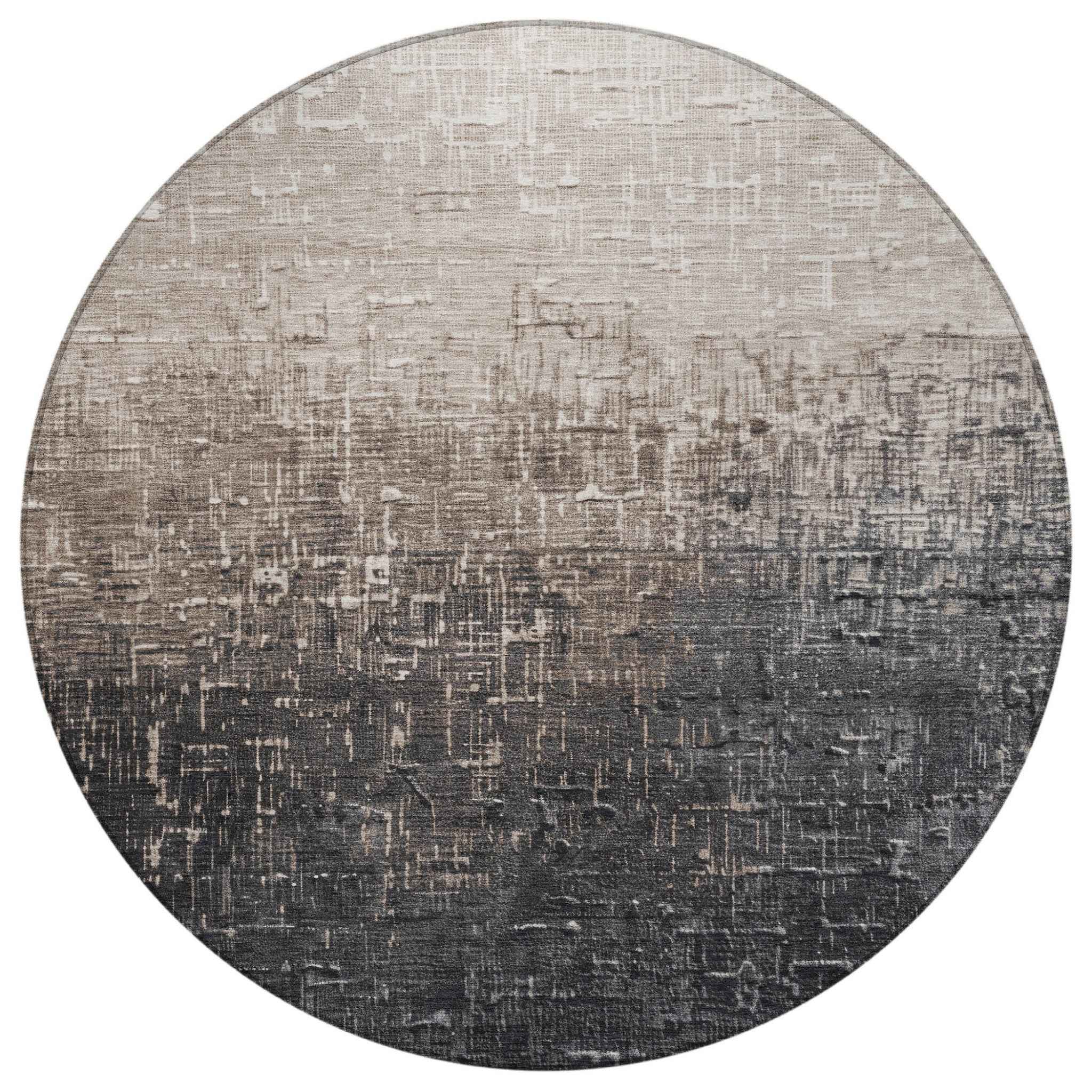 8' Khaki And Dark Gray Round Ombre Washable Indoor Outdoor Area Rug